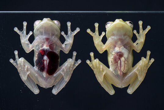 Side by side comparison of glass frog internal organ transparency during sleep and wake states
