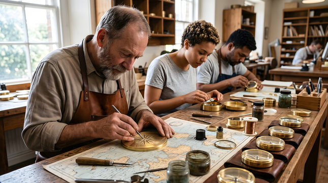 Adults crafting gold jewelry in workshop with natural light for education