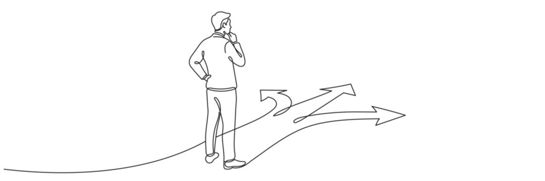 One line man choosing direction with three arrows .editable stroke. vector