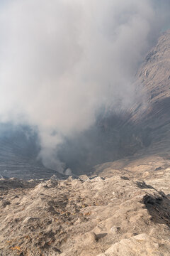 Dramatic view inside the crater and caldera of Mount Bromo Gunung Bromo an active somma volcano, Bromo Tengger Semeru National Park, East Java, Indonesia