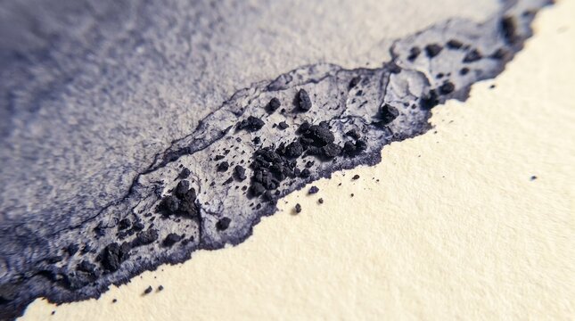 Macro view of dark pigment granules settling along a textured paper boundary in a minimalist style