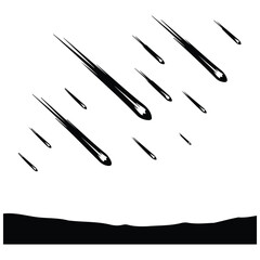 Meteor shower falling across night sky over landscape horizon line art vector silhouette. © MDRAYHAN