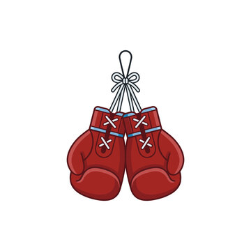 Red boxing gloves with laces and ribbon hanging.