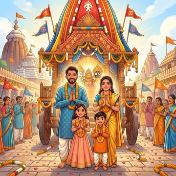 Family prays during ratha yatra festival with grand chariot and temple background.
