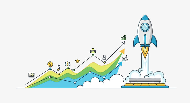 Rising rocket launch from cloud base with growth trend graph and milestone icons