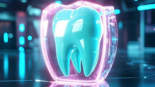 Glowing neon blue tooth floating in a sleek futuristic environment symbolizing advanced dental technology and modern oral care innovation