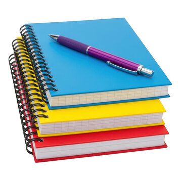 Stack of colorful spiral notebooks with a purple pen on top