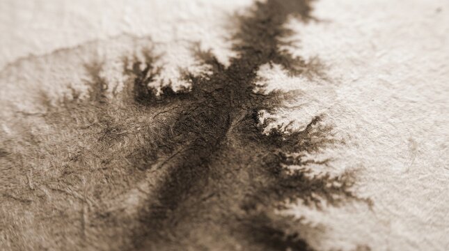 Dark pigment soaking through textured paper creating an organic abstract fractal pattern close up