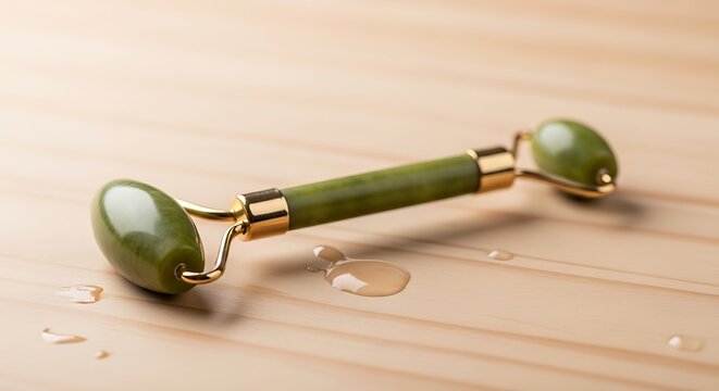 Jade facial roller on wooden surface.