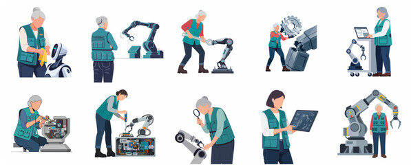 Fototapeta premium Collection of senior female engineers and technicians working with industrial robots and advanced automation technology.