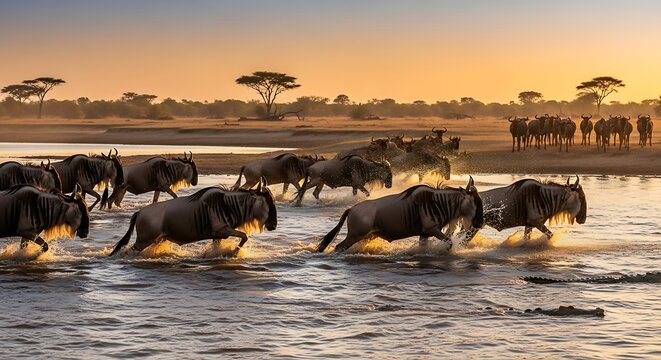 A serene savannah scene of wildebeests wading through a tranquil body of water at sunset