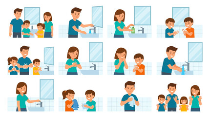 Fototapeta premium Family Washing Hands Together: Hygiene Routine, Healthy Habits, Cleanliness