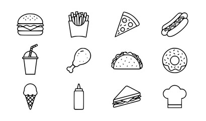 Fototapeta premium Fast food favorites vector icon set with simple bold line art classic complete burger fries pizza slice hot dog soda cup and restaurant cafe clip art black and white