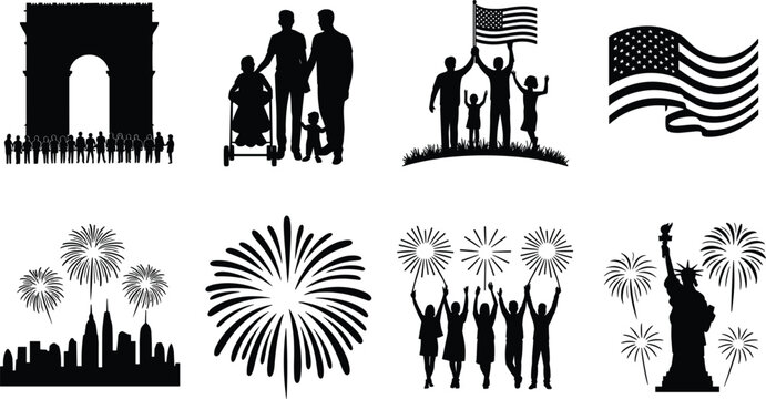 Collage of American patriotic symbols and scenes including the Arc de Triomphe and Statue of Liberty