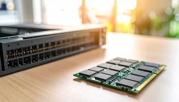 DRAM Memory Module Beside Open Server Chassis on Clean Desk