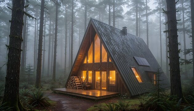 Frame Eco Cabin Tucked Deep Inside a Foggy Pine Forest with Warm Yellow Lights Glowing from Within
