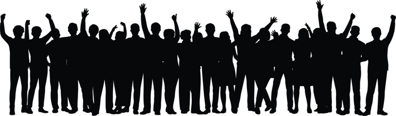 Large group of diverse people silhouettes with hands raised in celebration or greeting on a white background © Khadabox Mrida