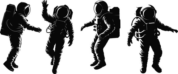 Four astronauts in silhouette in various poses against a white background space suits © Khadabox Mrida