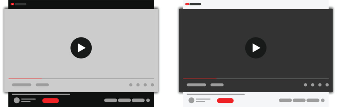 YouTube video template mockup, light and dark player frame. Youtube app interface blank video screen frame. channel video player page mockup. 

