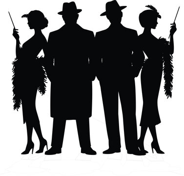 Silhouette of two men in fedoras and trench coats with two women in flapper dresses holding cigarettes