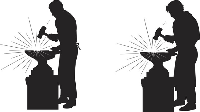 Two silhouettes of blacksmiths hammering metal on an anvil with radiating light vector illustration