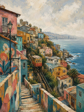 Colorful coastal hillside city with funicular railway