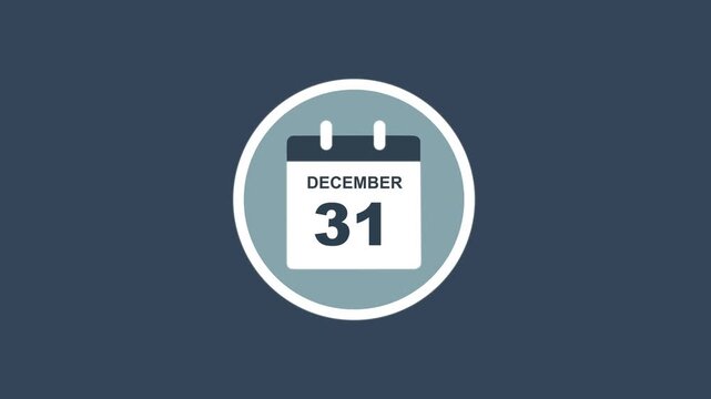 December 31 Date - modern calendar showcase within circle - blue background. Calendar date december 31 icon animation with flat design, schedule reminder, event planning and appointment concept.