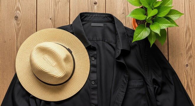 A casual black unbuttoned shirt lies flat on a rustic wooden table, featuring a straw sun hat on top and a fresh green plant nearby, outfit, holiday, linen