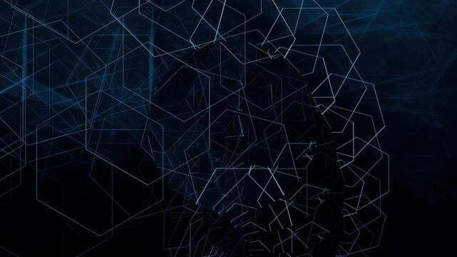Abstract wireframe 3D hexagon grid sphere rotating slowly with smoke effect. High-tech cyber animation background.