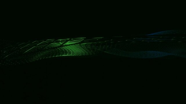 Futuristic landscape with shifting green and blue wave grid lines on a dark background. Cyberpunk technology concept.