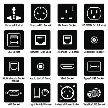 Collection of various electrical and data socket icons.