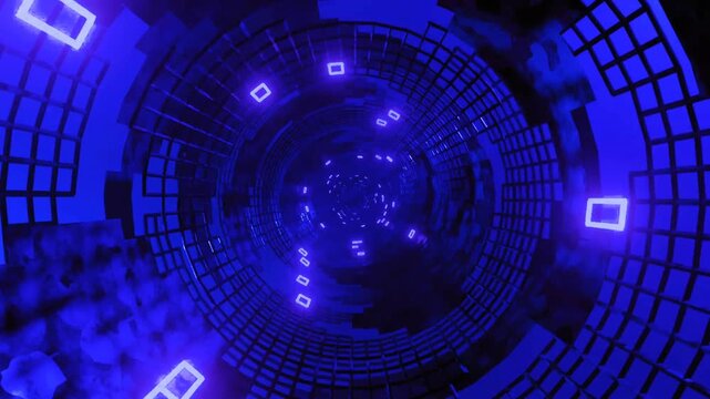 Vortex tunnel animation with glowing blue and purple square grid patterns. Fast cyber space portal loop.