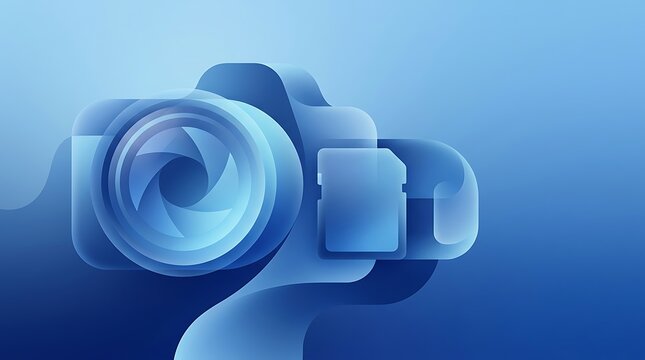 Abstract arrangement of a camera lens and memory card in blue tones style