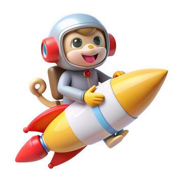 3D cute monkey astronaut riding a colorful rocket as transparent object