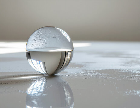 ​a minimalist close-up shot of a clear crystal glass orb sphere resting on a textured white surface with smooth reflections and soft natural light