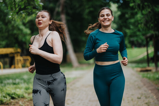 Two women jog side by side along a tree-lined park path, wearing athletic leggings and tops. The outdoor run shows fitness, movement and friendly companionship.