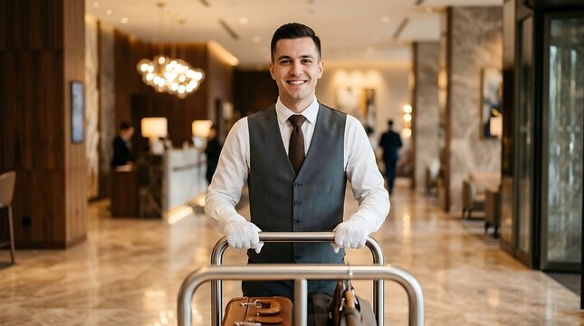 Smiling hotel bellboy pushing luggage cart in luxury hotel lobby