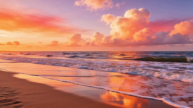Beach at sunset with waves and colorful sky