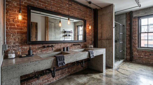 Industrial style bathroom interior with raw concrete double sink and exposed red brick wall textures and pendant lamps