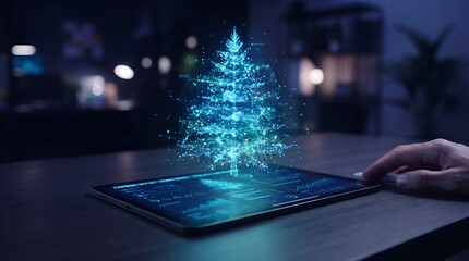 Fototapeta premium Digital Christmas tree hologram projection on laptop screen in dimly lit room with festive glow