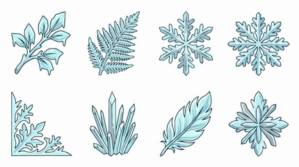 Fototapeta premium Winter ice forming on leaves, fern, feather, and crystal shapes, creating frozen snowflakes and decorative frosted elements with intricate patterns for cold season designs