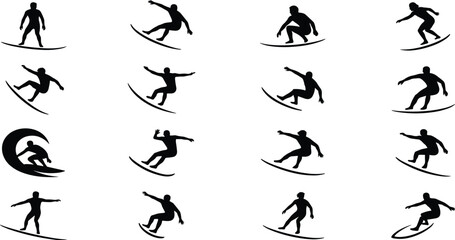 Fototapeta premium Surfing silhouette collection featuring surfers riding ocean waves dynamic water sports action poses isolated vector illustration set