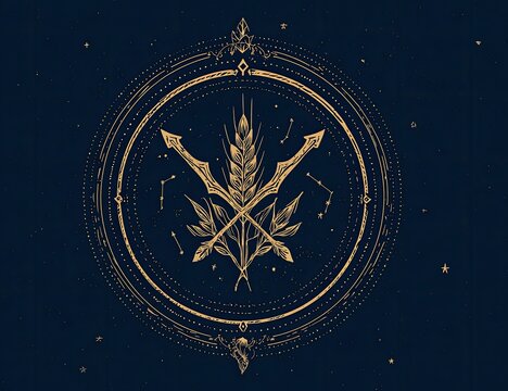 Intricate golden emblem, celestial background. Wheat stalk crosses ornate spears within a circular border