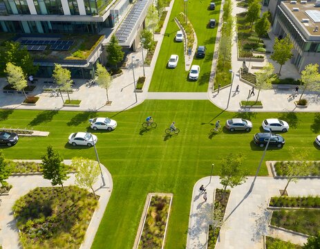 modern city intersection where the asphalt has been replaced with vibrant green turf and manicured walking paths representing urban greening, sustainable city planning