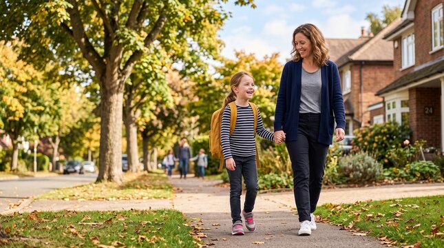 Happy Caucasian elementary school girl walks to school with her mother on a sunny September morning. The warm autumn atmosphere celebrates the excitement of a new academic year and family support.