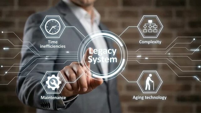 A businessman pointing at a legacy system bottlenecks on digital dashboard during strategy for cloud migration from legacy systems