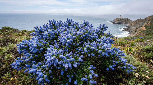 Vibrant blue ceanothus flowers blooming near a scenic coastal lighthouse on a sunny day outdoors