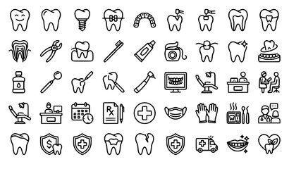 Naklejka premium dentistry, dental, tooth, teeth, healthcare, medicine, oral, hygiene, implant, aligner, braces, extraction, filling, rootcanal, toothbrush, floss, mouthwash, clinic, doctor, patient, outline, icon, ed