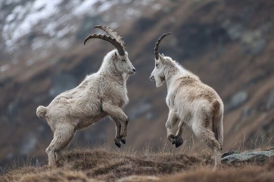 Two majestic wild goats, with large horns, clash in a mountain setting, displaying strength