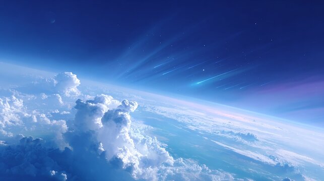 Near orbital view of Earth curvature with cumulus clouds meteor